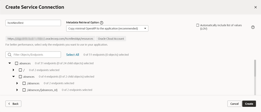 Select Endpoints dialog showing choices for absences resources for the hcmNewRest service connection.