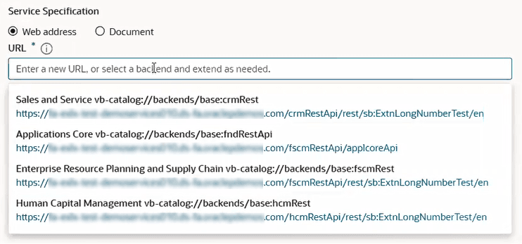 URL field drop-down in the Service Specification section of the Create Service Connection wizard, showing Web address selected with choices for CRM, FSCM, and HCM displayed.