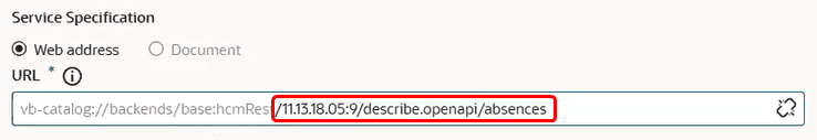 URL field in the Service Specification section of the Create Service Connection wizard showing the web address filled in and pointing to the latest REST API version (11.13.08.05) and REST Framework version (9) of the absences resource.