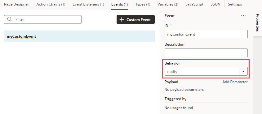 A custom event's Properties pane with the Behavior field highlighted