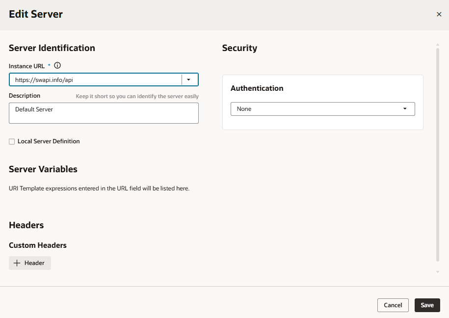 This image shows the backend server's details that can be edited. You can modify the part of the instance URL that isn't grayed out, use the +Header button to add static headers, or click the Override security icon and select a different authentication mechanism. Press the Save button, at the bottom, after you are satisfied with your changes.