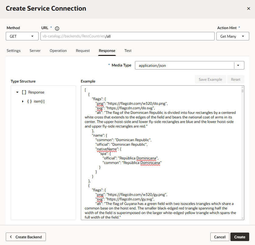 Create Service Connection page with Type Structure view