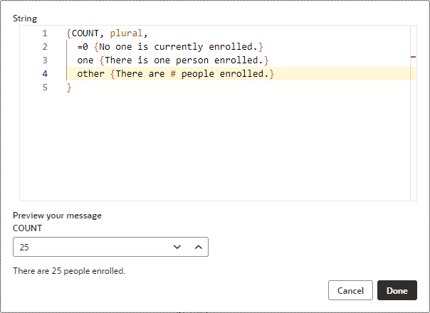 The String Editor showing an ICU message that displays the number of people enrolled in a course.