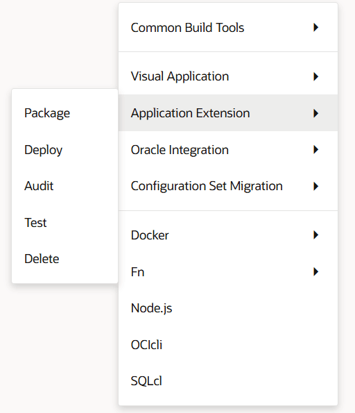 Build options available for an application extension when you click Add Step for a packaging job
