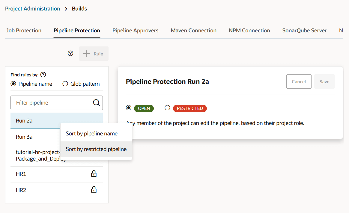 Pipeline protection page sorting options