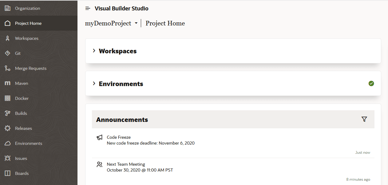 Announcements section on the Project Home page Announcements section on the Project Home page