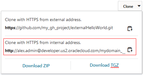the Clone menu of an external Git repository