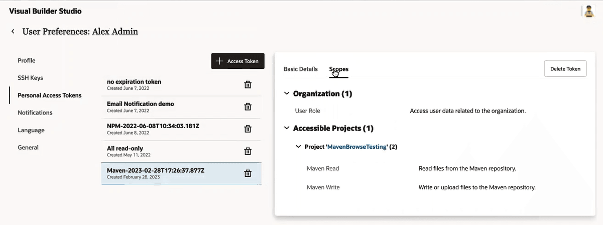Alex Admin's User Preferences window is open and the Personal Access Tokens tab is selected, showing 5 tokens. The bottom token is the one of interest because it is scoped to the Maven project that the authentication is being configured for. It shows that the user role can access user data related to the organization and that both Maven Read and Maven Write permissions have been granted.
