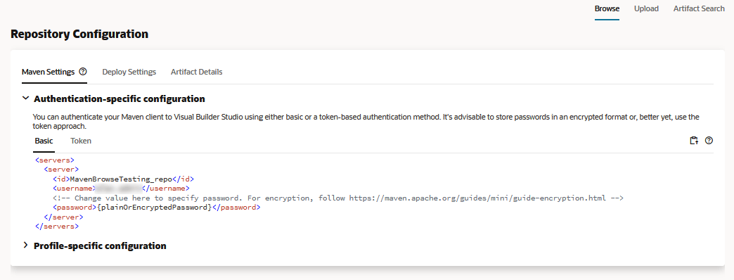 The Repository Configuration pane shows the Maven Settings tab open. The Authentication-specific configuration settings are expanded and the Basic tab is selected. You copy the snippet you use for basic authentication by clicking the Copy icon above the snippet. The Profile-specific configuration information is collapsed.