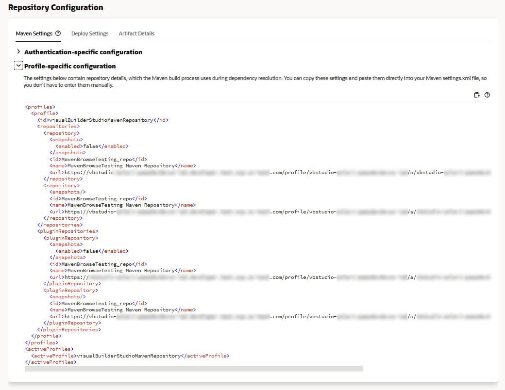 The Repository Configuration pane shows the Maven Settings tab open. The profile-specific configuration settings are expanded and the profiles snippet, containing the <repositories> and <pluginRepositories> elements are shown. The Copy icon is above the snippet. The Authentication-specific configuration information is collapsed.