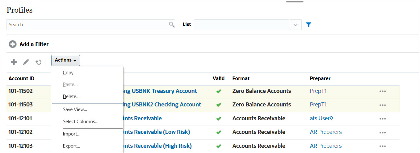 Profiles List Showing Delete Action