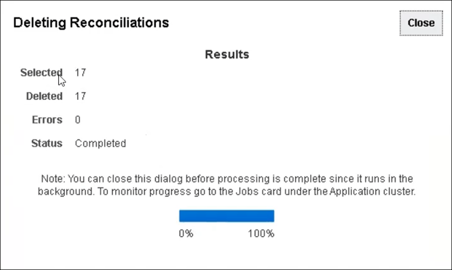 Status of Deleting Reconciliations Dialog