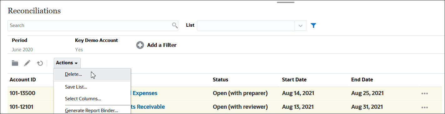 Reconciliations List Showing Reconciliations to be Deleted