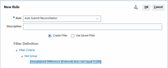This example creates a rule to auto submit a reconciliation when the unexplained difference for all currecnies is zero.