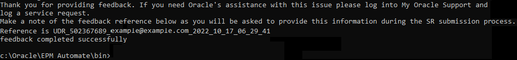 Sample message displayed on running the feedback command