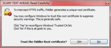 Fiddler dialog box containing information about root certificate that is used to intercept HTTPS traffic