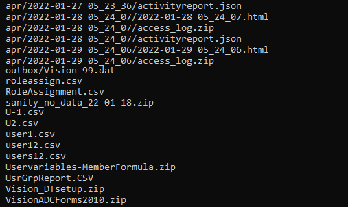 Sample listFiles command Output (truncated)