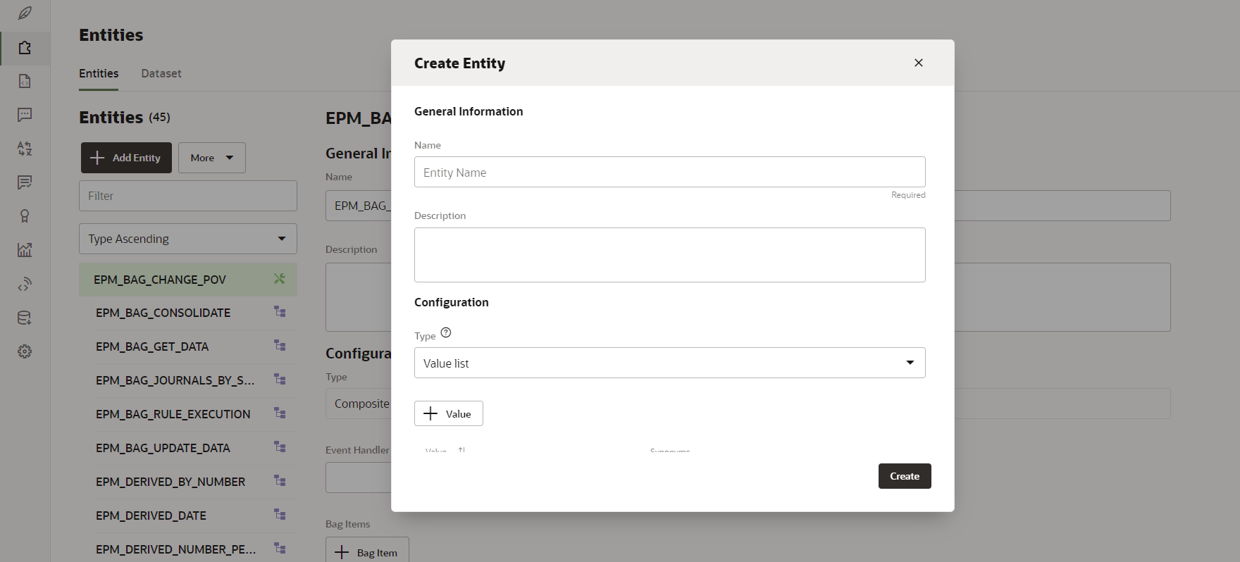 Create Entity dialog