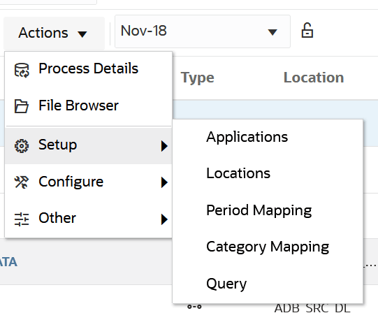 Image shows options on the Setup Actions drop-down.
