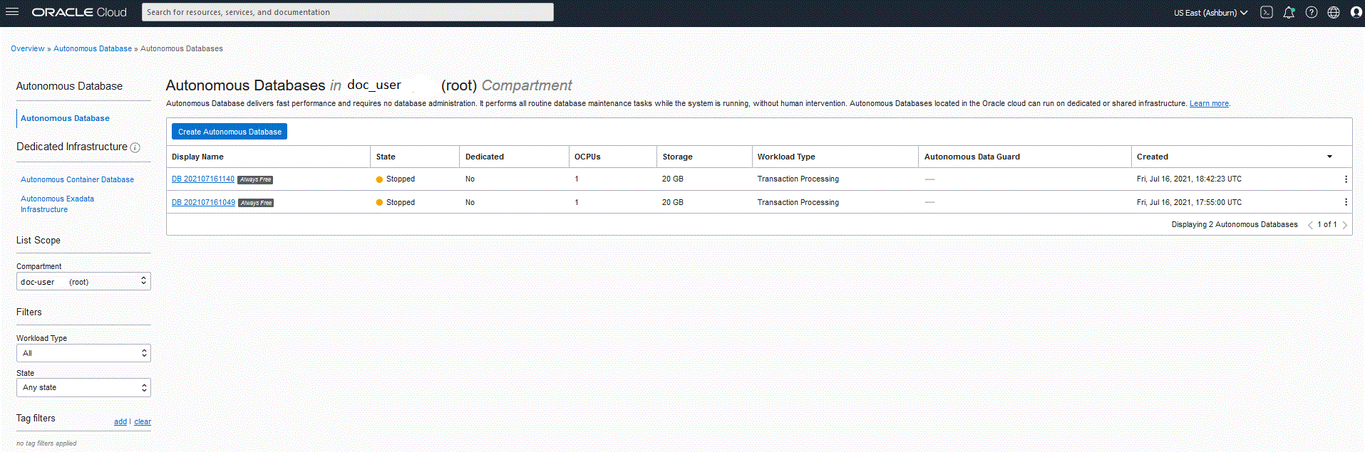 Image shows the Autonomous Database page.