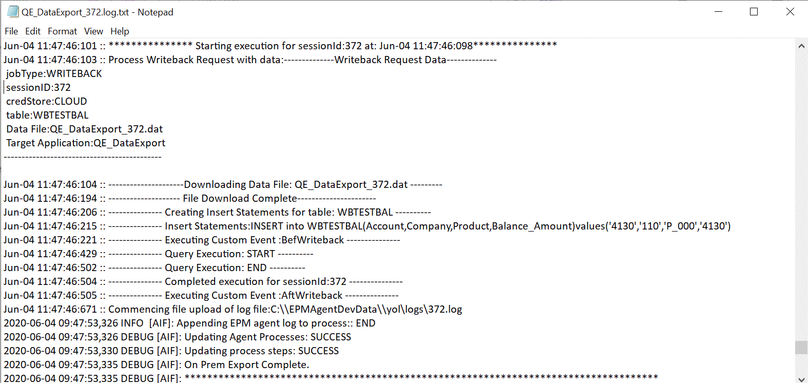 Image shows the results of the write-back process in the Process Details log.