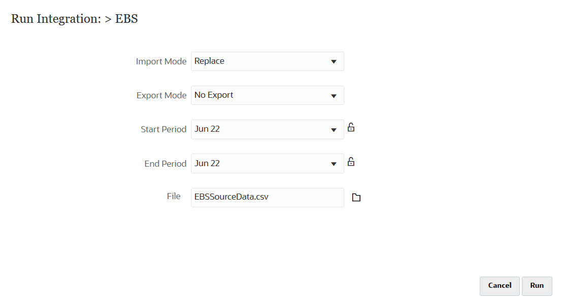 Image shows the Run Integration page.