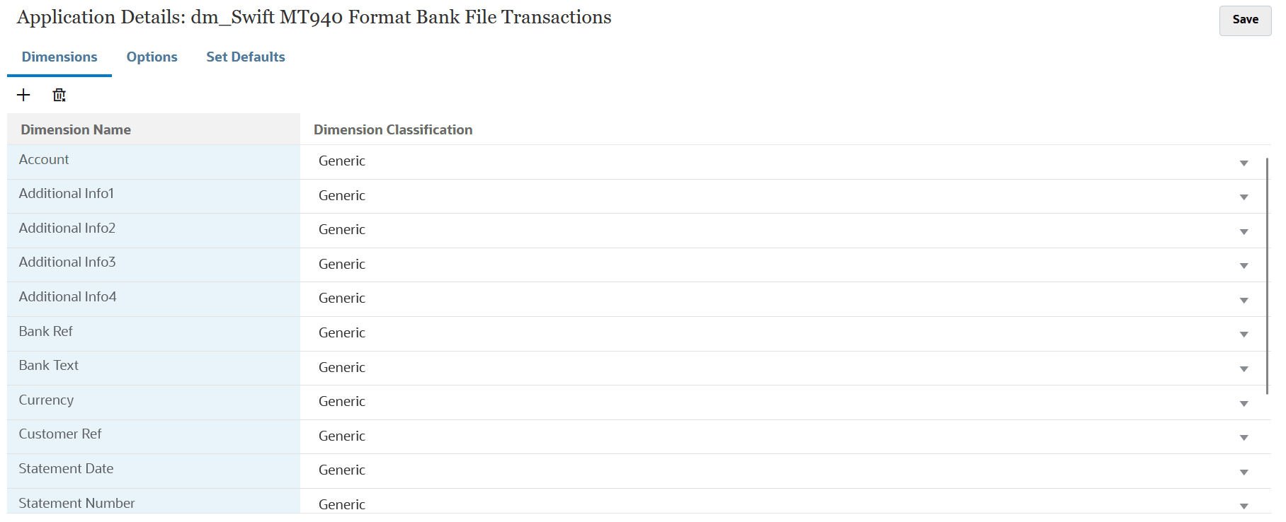 Images show dimension details for a SWIFT MT940 bank file transactions.