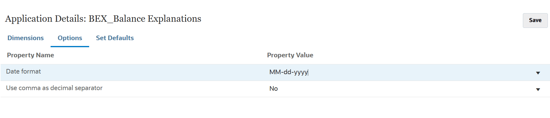 Image shows the Options tab of Application Details.