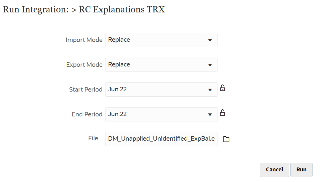 Image shows the Run Integration page.