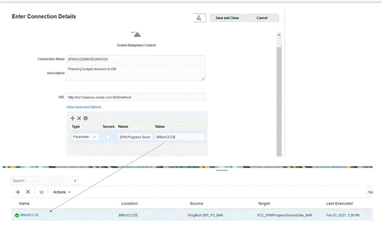 Image shows the EPM Planning Financials Connection Value mapped to the integration name in Data Integration.