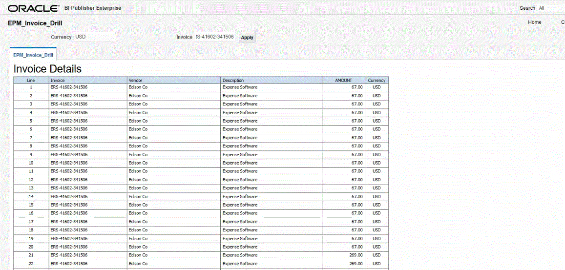 Image shows the drill-down results in the BI Publish report.
