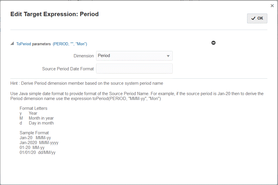 Image shows the toPeriod Target Expression page.