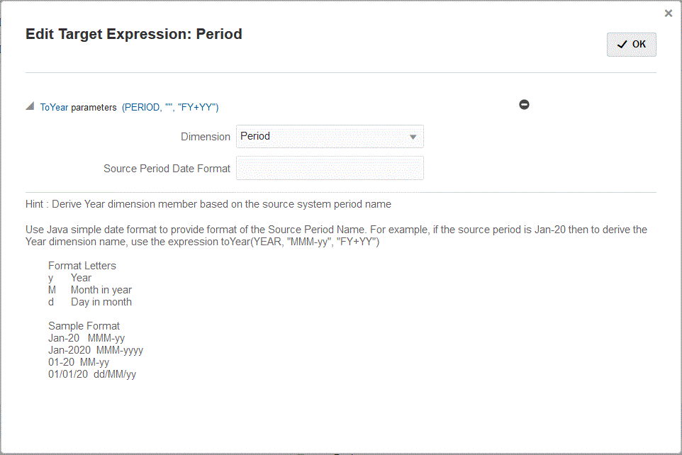 Image shows the toYear Target Expression page.