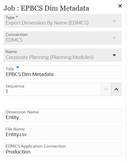 Image shows Export Dimension by Name (EDMCS) sample job type parameters.