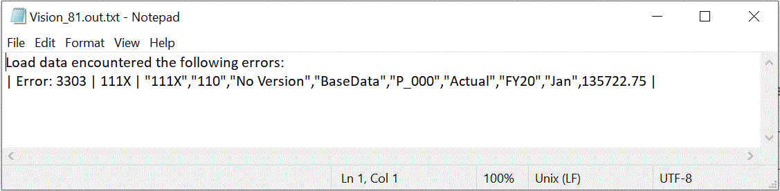 Image shows an error message identified from a load to Essbase.