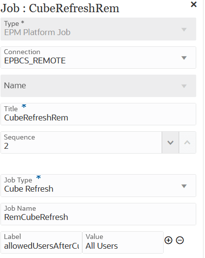 Image show Cube Referesh parameters for an EPM Platform Job job type.