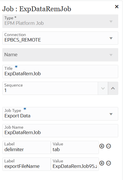 Image shows Export Data job parameters for an EPM Platform job.