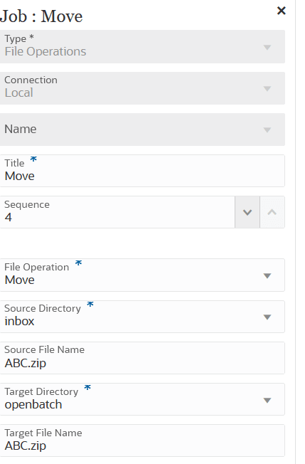 Image show sample job type parameters for a Move file option.