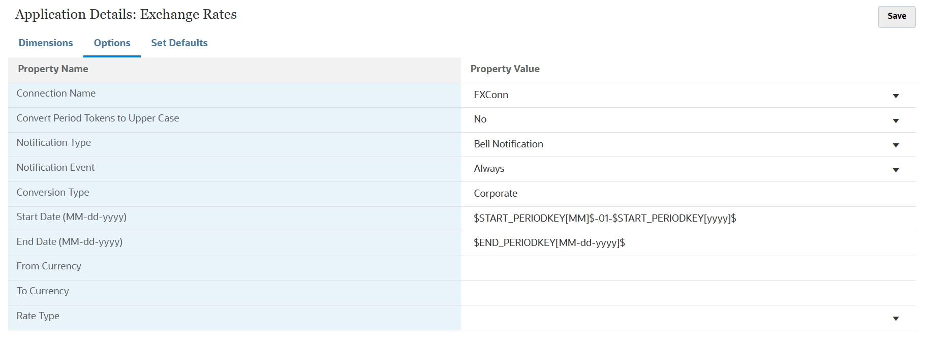 Image shows the Options tab in Application Detail.
