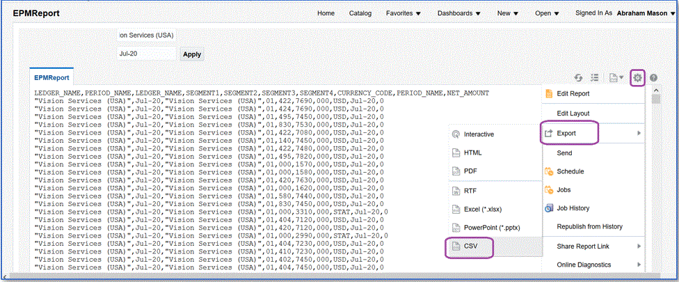 Image shows the BI Publisher report to be exported.