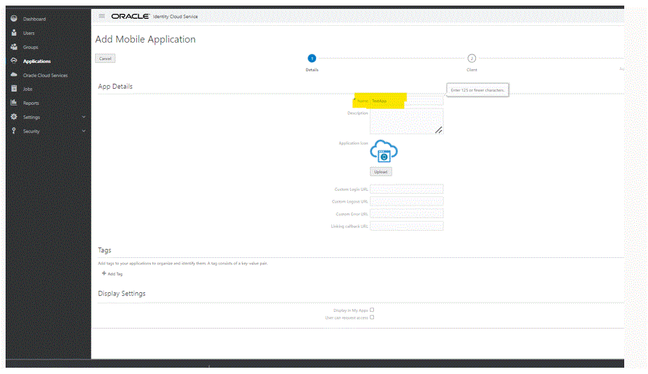 Image shows the Add Mobile Application page.