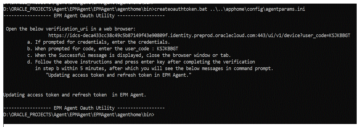 Image shows the results of executing the createauthtoken.bat in a command prompt