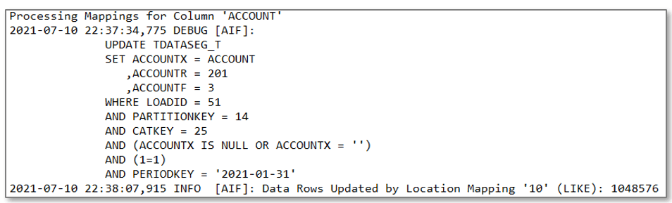 Image shows the first mapping rule, which is an * to * rule for the Account dimension.
