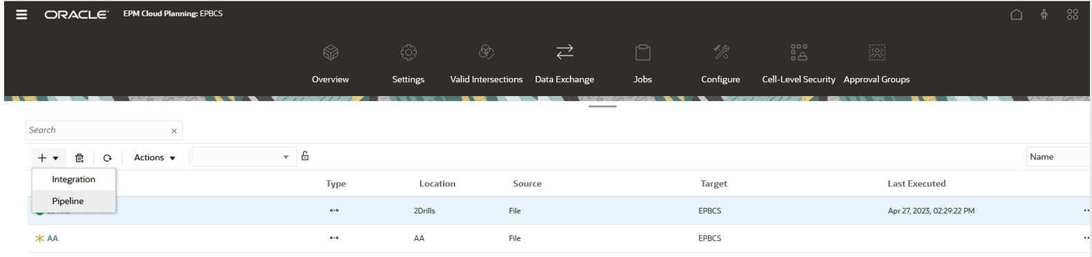Image shows Pipeline selection from Create pull-down.
