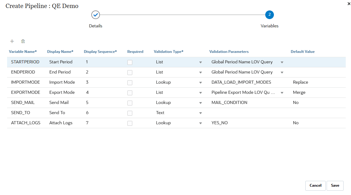 Image shows the Variables tab of the Create Pipeline page.