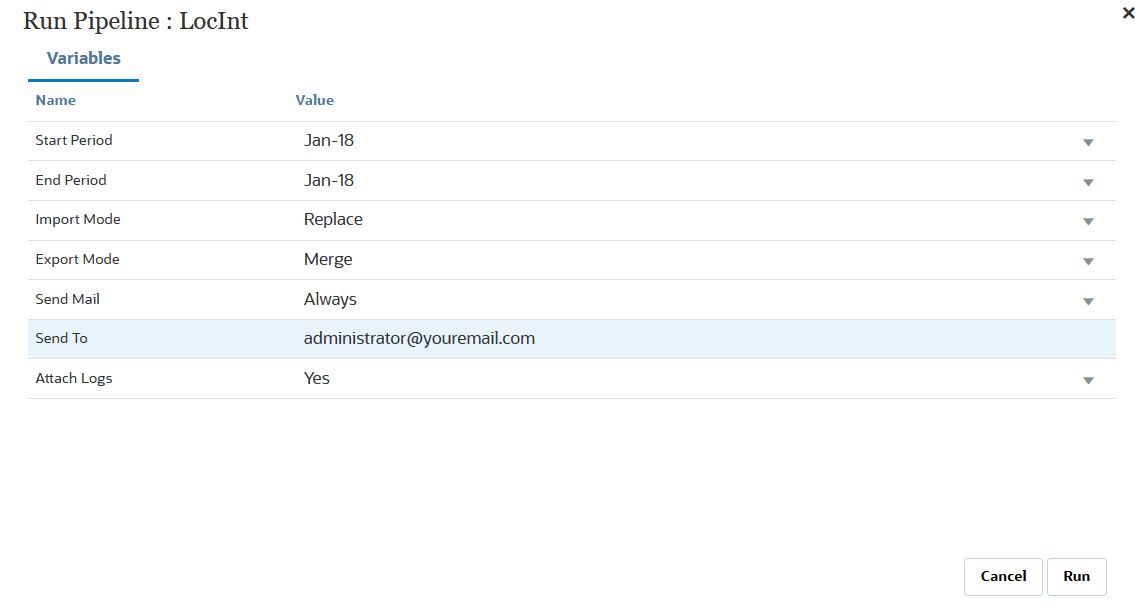 Image shows the Run Pipeline page.
