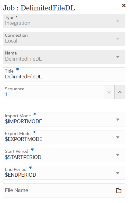 Image shows job parameters for an Integrations job type.
