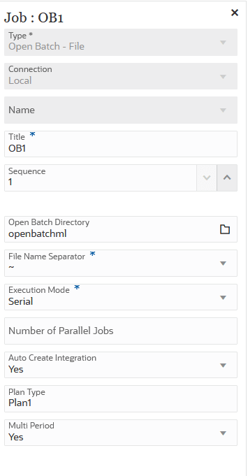 Image shows sample job parameters for an Open Batch - File job type.
