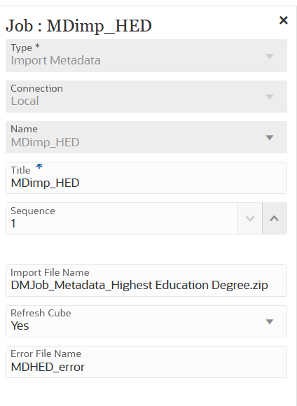 Image shows Import Metadata Job Type Parameters