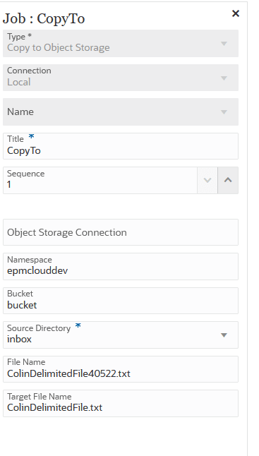 Image shows the Copy to Object Storage job type parameters.